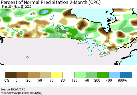 Canada Percent of Normal Precipitation 2-Month (CPC) Thematic Map For 3/26/2022 - 5/25/2022