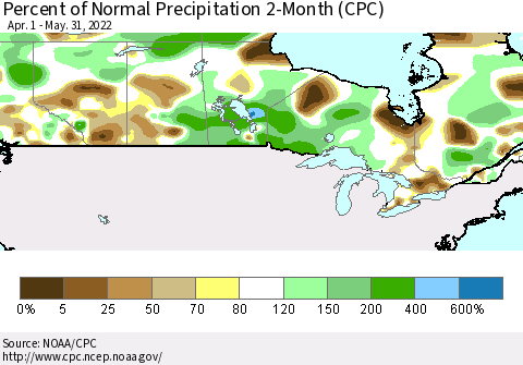 Canada Percent of Normal Precipitation 2-Month (CPC) Thematic Map For 4/1/2022 - 5/31/2022