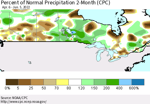 Canada Percent of Normal Precipitation 2-Month (CPC) Thematic Map For 4/6/2022 - 6/5/2022