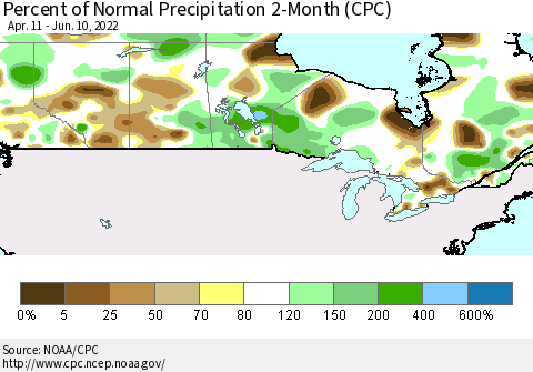 Canada Percent of Normal Precipitation 2-Month (CPC) Thematic Map For 4/11/2022 - 6/10/2022