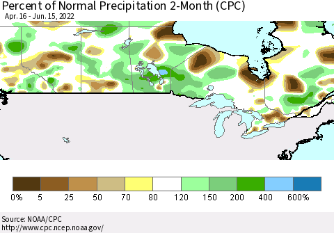 Canada Percent of Normal Precipitation 2-Month (CPC) Thematic Map For 4/16/2022 - 6/15/2022