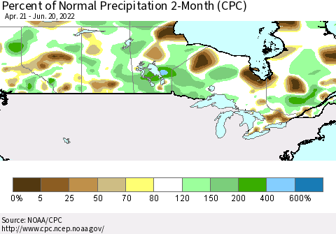 Canada Percent of Normal Precipitation 2-Month (CPC) Thematic Map For 4/21/2022 - 6/20/2022
