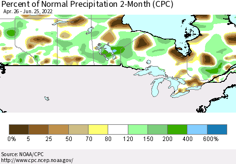 Canada Percent of Normal Precipitation 2-Month (CPC) Thematic Map For 4/26/2022 - 6/25/2022