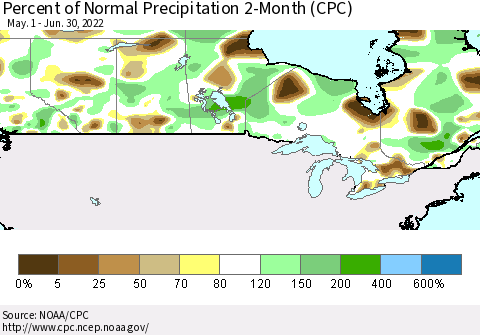 Canada Percent of Normal Precipitation 2-Month (CPC) Thematic Map For 5/1/2022 - 6/30/2022