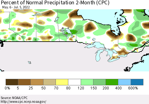 Canada Percent of Normal Precipitation 2-Month (CPC) Thematic Map For 5/6/2022 - 7/5/2022