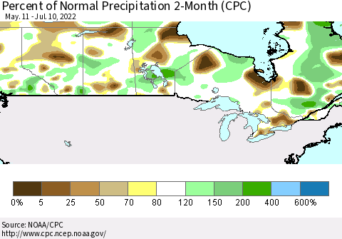 Canada Percent of Normal Precipitation 2-Month (CPC) Thematic Map For 5/11/2022 - 7/10/2022