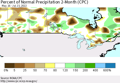 Canada Percent of Normal Precipitation 2-Month (CPC) Thematic Map For 5/16/2022 - 7/15/2022