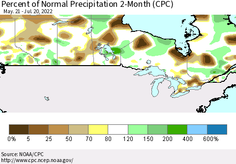 Canada Percent of Normal Precipitation 2-Month (CPC) Thematic Map For 5/21/2022 - 7/20/2022