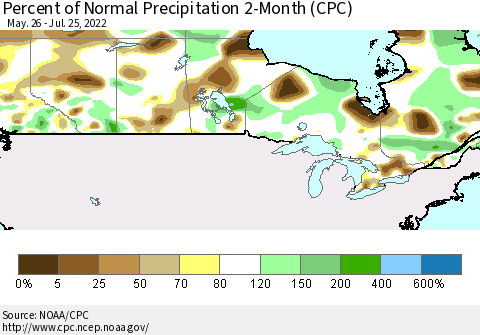 Canada Percent of Normal Precipitation 2-Month (CPC) Thematic Map For 5/26/2022 - 7/25/2022