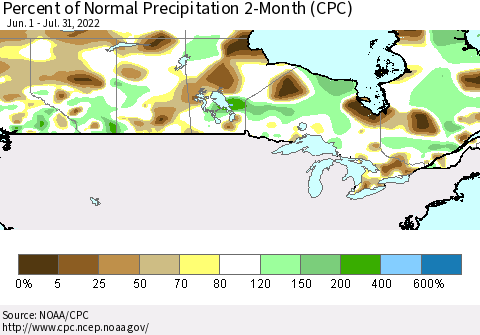 Canada Percent of Normal Precipitation 2-Month (CPC) Thematic Map For 6/1/2022 - 7/31/2022