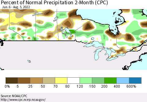 Canada Percent of Normal Precipitation 2-Month (CPC) Thematic Map For 6/6/2022 - 8/5/2022
