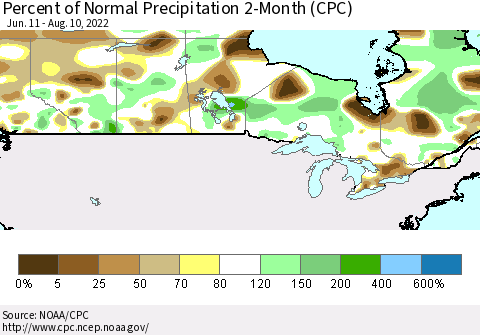 Canada Percent of Normal Precipitation 2-Month (CPC) Thematic Map For 6/11/2022 - 8/10/2022