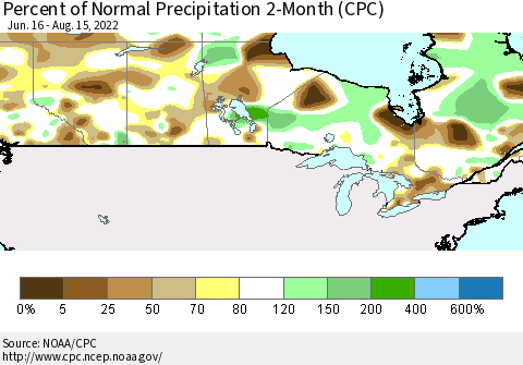 Canada Percent of Normal Precipitation 2-Month (CPC) Thematic Map For 6/16/2022 - 8/15/2022