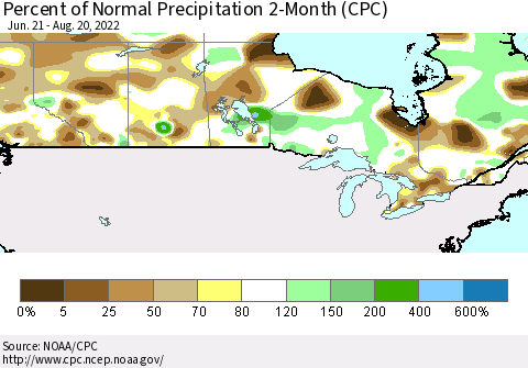 Canada Percent of Normal Precipitation 2-Month (CPC) Thematic Map For 6/21/2022 - 8/20/2022