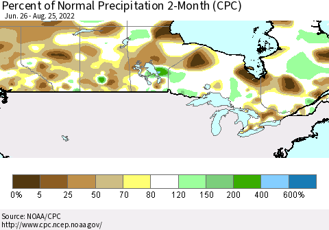 Canada Percent of Normal Precipitation 2-Month (CPC) Thematic Map For 6/26/2022 - 8/25/2022