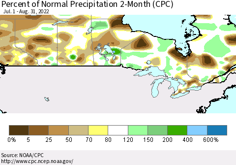 Canada Percent of Normal Precipitation 2-Month (CPC) Thematic Map For 7/1/2022 - 8/31/2022