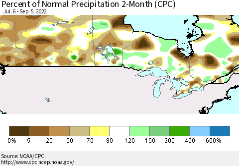 Canada Percent of Normal Precipitation 2-Month (CPC) Thematic Map For 7/6/2022 - 9/5/2022