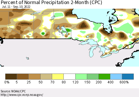 Canada Percent of Normal Precipitation 2-Month (CPC) Thematic Map For 7/11/2022 - 9/10/2022