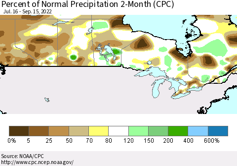 Canada Percent of Normal Precipitation 2-Month (CPC) Thematic Map For 7/16/2022 - 9/15/2022