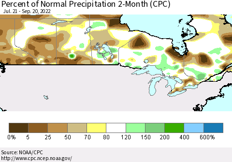 Canada Percent of Normal Precipitation 2-Month (CPC) Thematic Map For 7/21/2022 - 9/20/2022