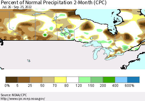 Canada Percent of Normal Precipitation 2-Month (CPC) Thematic Map For 7/26/2022 - 9/25/2022