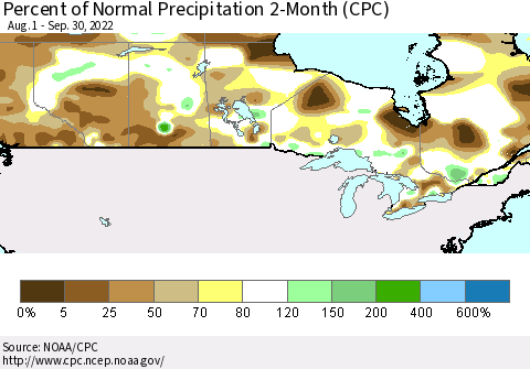 Canada Percent of Normal Precipitation 2-Month (CPC) Thematic Map For 8/1/2022 - 9/30/2022