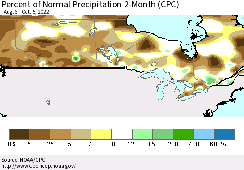 Canada Percent of Normal Precipitation 2-Month (CPC) Thematic Map For 8/6/2022 - 10/5/2022