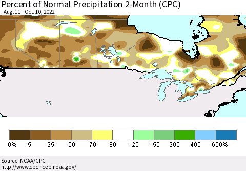 Canada Percent of Normal Precipitation 2-Month (CPC) Thematic Map For 8/11/2022 - 10/10/2022