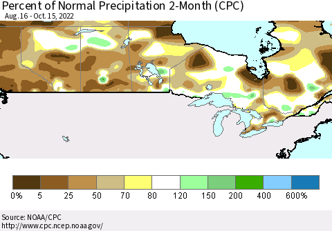 Canada Percent of Normal Precipitation 2-Month (CPC) Thematic Map For 8/16/2022 - 10/15/2022