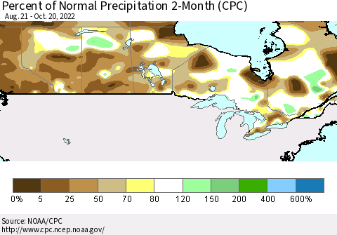 Canada Percent of Normal Precipitation 2-Month (CPC) Thematic Map For 8/21/2022 - 10/20/2022