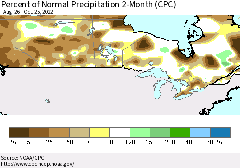 Canada Percent of Normal Precipitation 2-Month (CPC) Thematic Map For 8/26/2022 - 10/25/2022