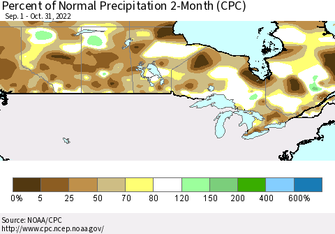 Canada Percent of Normal Precipitation 2-Month (CPC) Thematic Map For 9/1/2022 - 10/31/2022