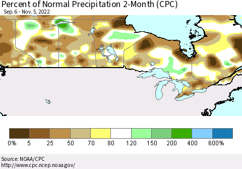 Canada Percent of Normal Precipitation 2-Month (CPC) Thematic Map For 9/6/2022 - 11/5/2022