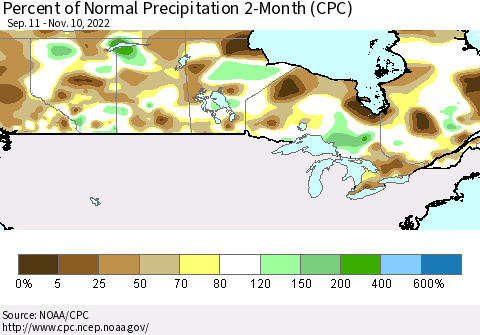 Canada Percent of Normal Precipitation 2-Month (CPC) Thematic Map For 9/11/2022 - 11/10/2022