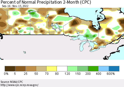 Canada Percent of Normal Precipitation 2-Month (CPC) Thematic Map For 9/16/2022 - 11/15/2022