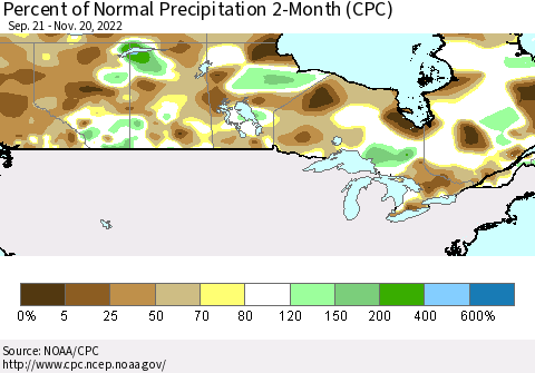 Canada Percent of Normal Precipitation 2-Month (CPC) Thematic Map For 9/21/2022 - 11/20/2022