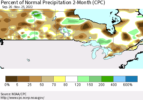 Canada Percent of Normal Precipitation 2-Month (CPC) Thematic Map For 9/26/2022 - 11/25/2022
