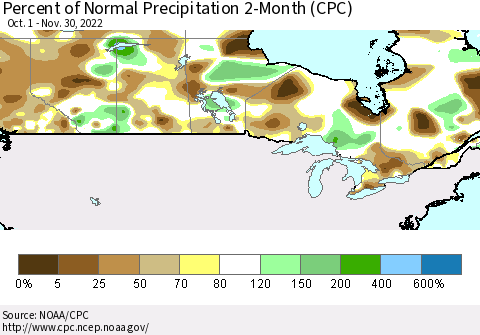 Canada Percent of Normal Precipitation 2-Month (CPC) Thematic Map For 10/1/2022 - 11/30/2022
