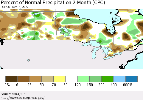 Canada Percent of Normal Precipitation 2-Month (CPC) Thematic Map For 10/6/2022 - 12/5/2022
