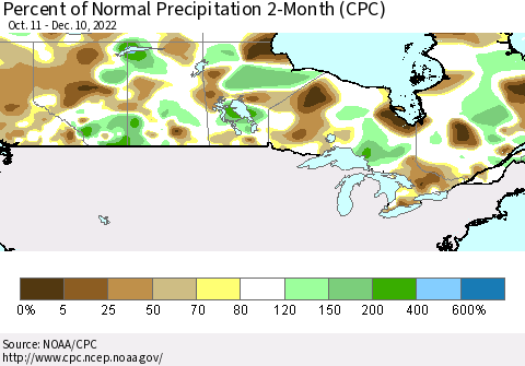 Canada Percent of Normal Precipitation 2-Month (CPC) Thematic Map For 10/11/2022 - 12/10/2022