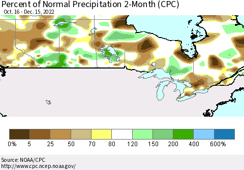 Canada Percent of Normal Precipitation 2-Month (CPC) Thematic Map For 10/16/2022 - 12/15/2022
