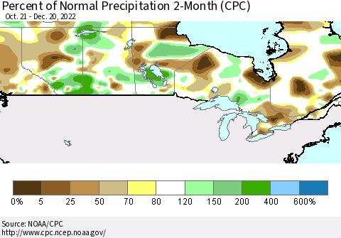Canada Percent of Normal Precipitation 2-Month (CPC) Thematic Map For 10/21/2022 - 12/20/2022