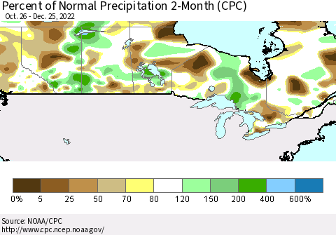 Canada Percent of Normal Precipitation 2-Month (CPC) Thematic Map For 10/26/2022 - 12/25/2022