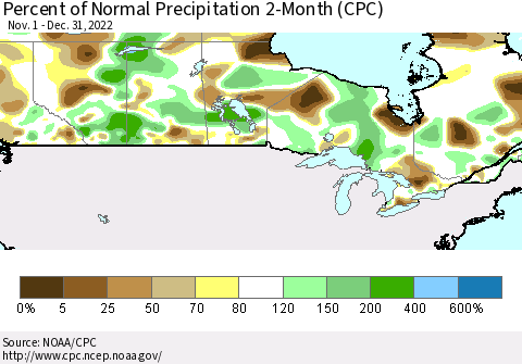 Canada Percent of Normal Precipitation 2-Month (CPC) Thematic Map For 11/1/2022 - 12/31/2022