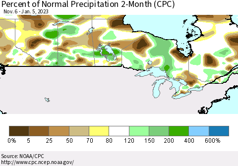 Canada Percent of Normal Precipitation 2-Month (CPC) Thematic Map For 11/6/2022 - 1/5/2023