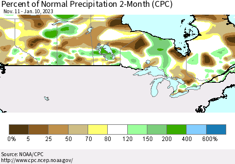 Canada Percent of Normal Precipitation 2-Month (CPC) Thematic Map For 11/11/2022 - 1/10/2023