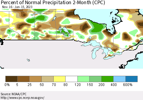 Canada Percent of Normal Precipitation 2-Month (CPC) Thematic Map For 11/16/2022 - 1/15/2023