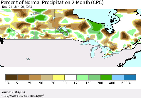 Canada Percent of Normal Precipitation 2-Month (CPC) Thematic Map For 11/21/2022 - 1/20/2023