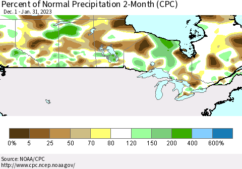 Canada Percent of Normal Precipitation 2-Month (CPC) Thematic Map For 12/1/2022 - 1/31/2023