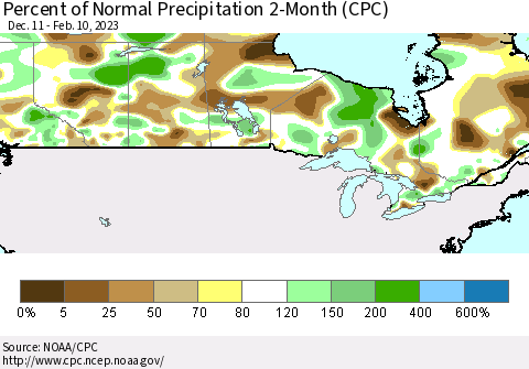 Canada Percent of Normal Precipitation 2-Month (CPC) Thematic Map For 12/11/2022 - 2/10/2023